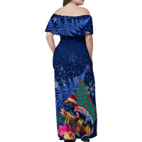 New Zealand Tuatara Christmas Family Matching Off Shoulder Maxi Dress and Hawaiian Shirt Silver Fern and Xmas Pohutukawa Tree Blue Color LT03 - Polynesian Pride