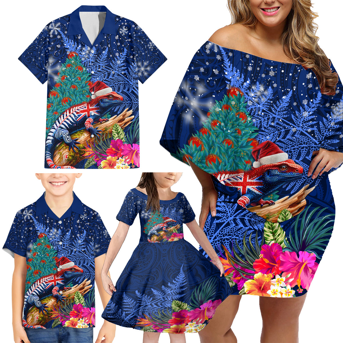 New Zealand Tuatara Christmas Family Matching Off Shoulder Short Dress and Hawaiian Shirt Silver Fern and Xmas Pohutukawa Tree Blue Color LT03 - Polynesian Pride