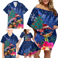 New Zealand Tuatara Christmas Family Matching Off Shoulder Short Dress and Hawaiian Shirt Silver Fern and Xmas Pohutukawa Tree Blue Color LT03 - Polynesian Pride