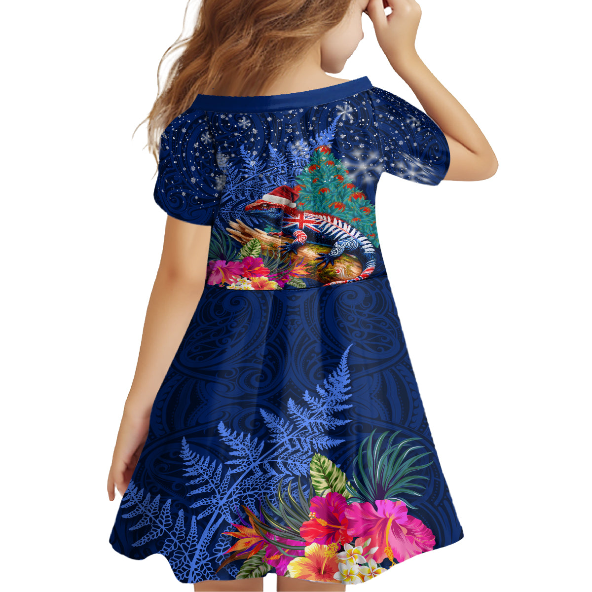 New Zealand Tuatara Christmas Family Matching Puletasi and Hawaiian Shirt Silver Fern and Xmas Pohutukawa Tree Blue Color LT03 - Polynesian Pride