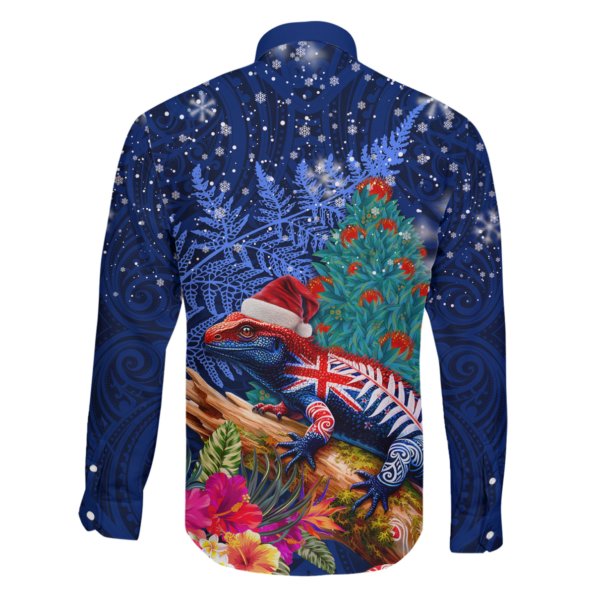 New Zealand Tuatara Christmas Family Matching Short Sleeve Bodycon Dress and Hawaiian Shirt Silver Fern and Xmas Pohutukawa Tree Blue Color LT03 - Polynesian Pride