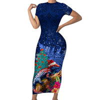 New Zealand Tuatara Christmas Family Matching Short Sleeve Bodycon Dress and Hawaiian Shirt Silver Fern and Xmas Pohutukawa Tree Blue Color LT03 Mom's Dress Blue - Polynesian Pride