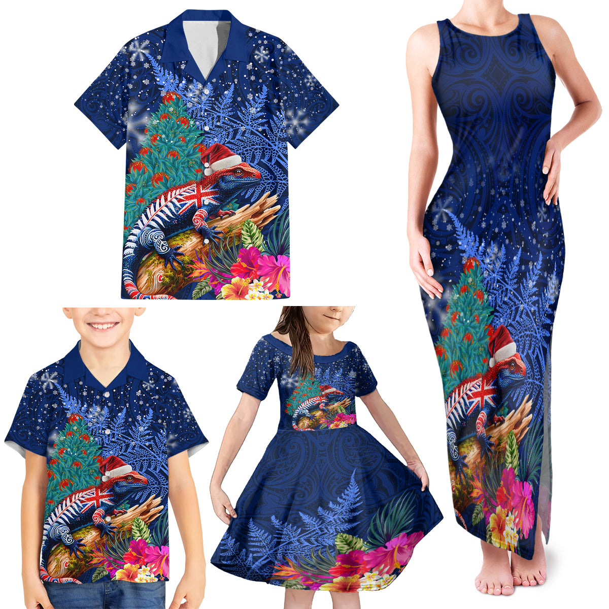 New Zealand Tuatara Christmas Family Matching Tank Maxi Dress and Hawaiian Shirt Silver Fern and Xmas Pohutukawa Tree Blue Color LT03 - Polynesian Pride