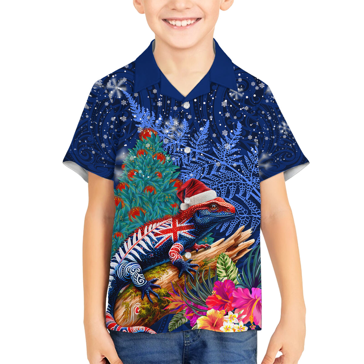 New Zealand Tuatara Christmas Family Matching Tank Maxi Dress and Hawaiian Shirt Silver Fern and Xmas Pohutukawa Tree Blue Color LT03 Son's Shirt Blue - Polynesian Pride