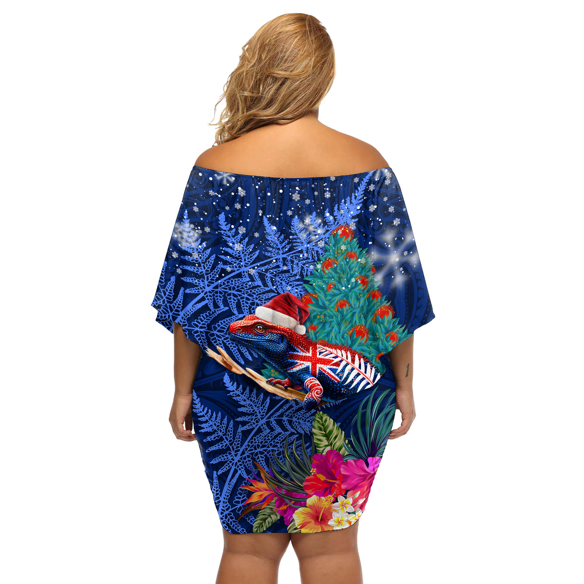 New Zealand Tuatara Christmas Off Shoulder Short Dress Silver Fern and Xmas Pohutukawa Tree Blue Color