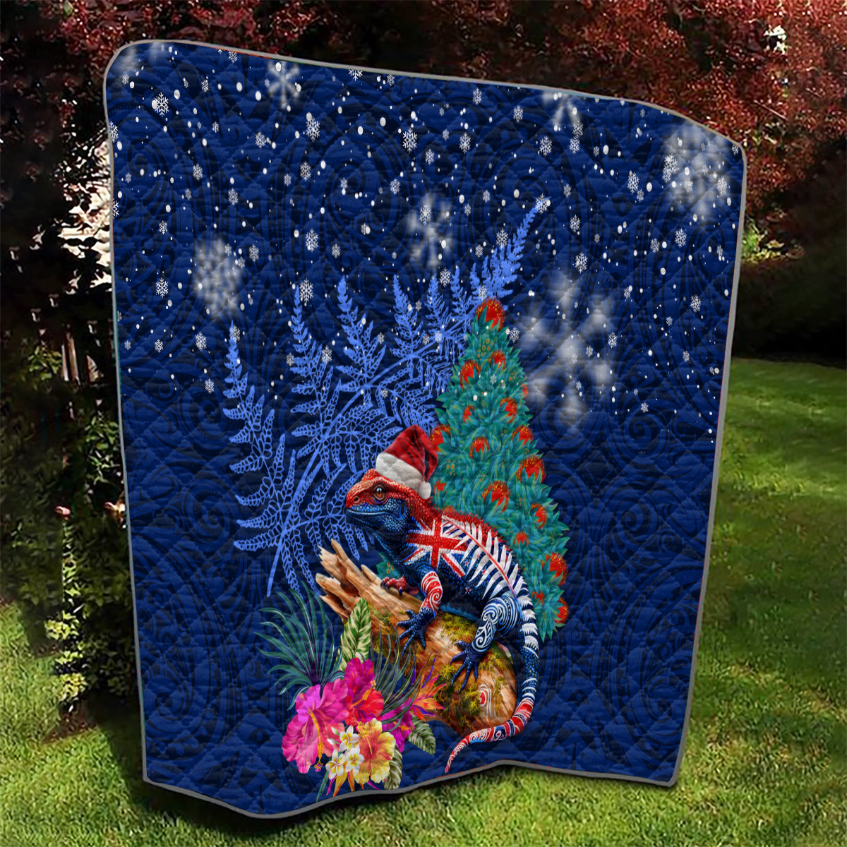 New Zealand Tuatara Christmas Quilt Silver Fern and Xmas Pohutukawa Tree Blue Color LT03 - Polynesian Pride