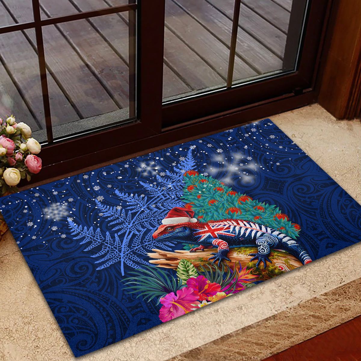 New Zealand Tuatara Christmas Rubber Doormat Silver Fern and Xmas Pohutukawa Tree Blue Color LT03 - Polynesian Pride