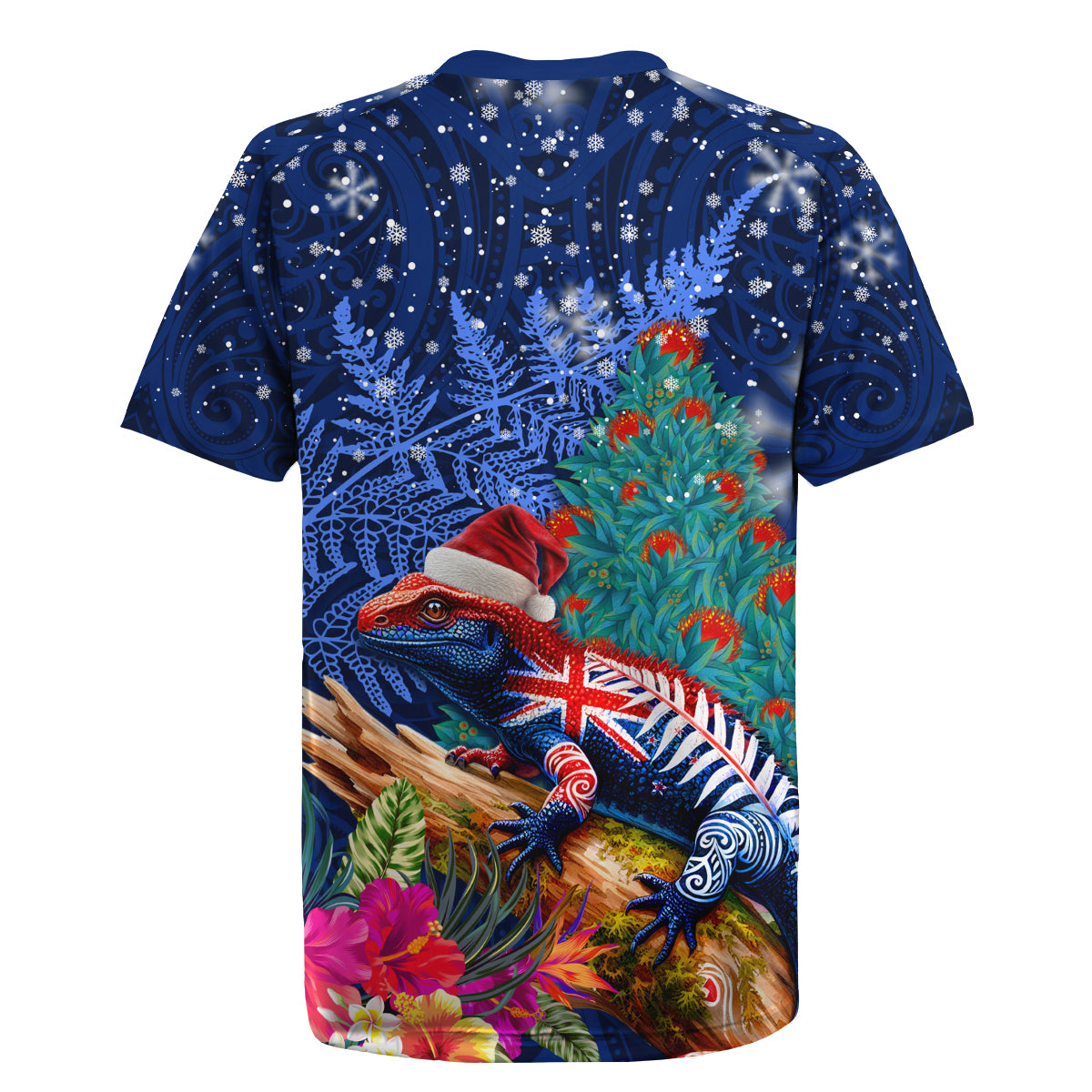 New Zealand Tuatara Christmas Rugby Jersey Silver Fern and Xmas Pohutukawa Tree Blue Color
