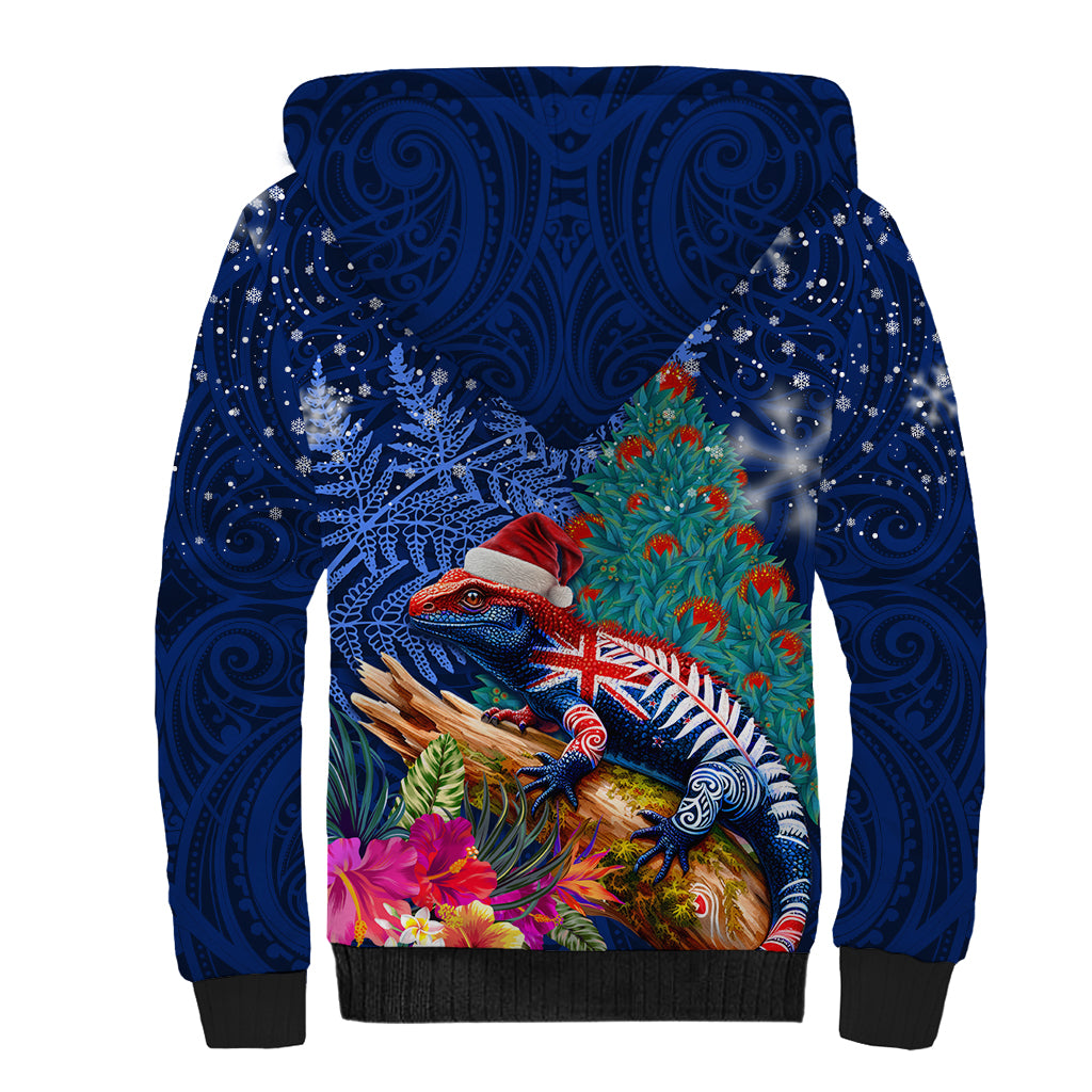 New Zealand Tuatara Christmas Sherpa Hoodie Silver Fern and Xmas Pohutukawa Tree Blue Color