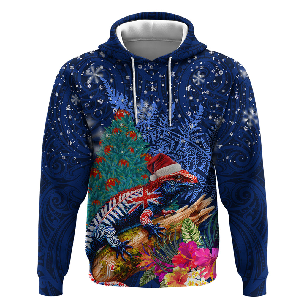 New Zealand Tuatara Christmas Zip Hoodie Silver Fern and Xmas Pohutukawa Tree Blue Color