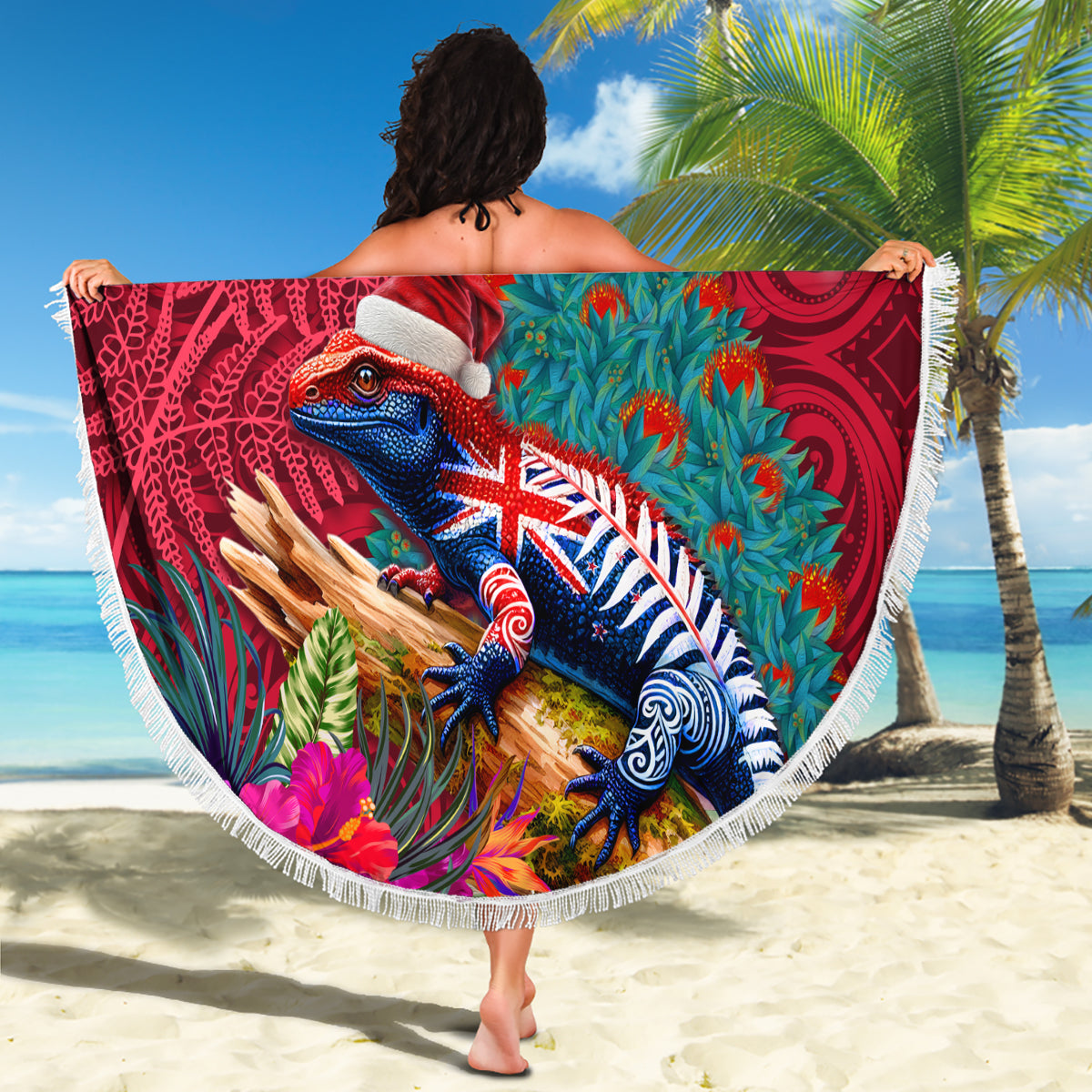 New Zealand Tuatara Christmas Beach Blanket Silver Fern and Xmas Pohutukawa Tree Red Color