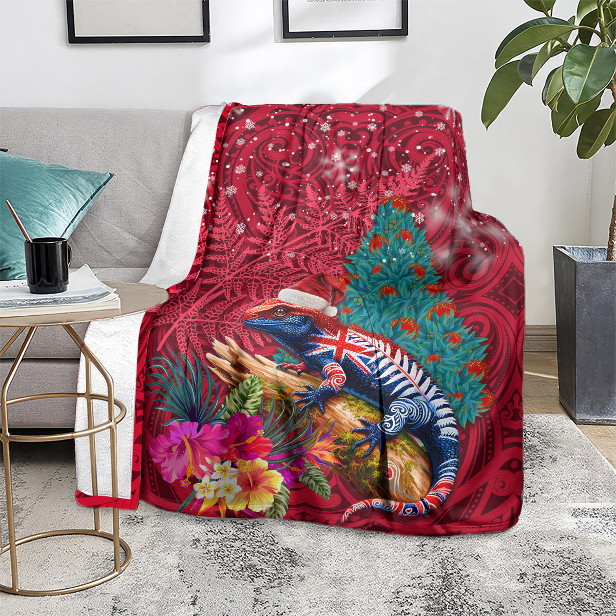 New Zealand Tuatara Christmas Blanket Silver Fern and Xmas Pohutukawa Tree Red Color LT03 - Polynesian Pride