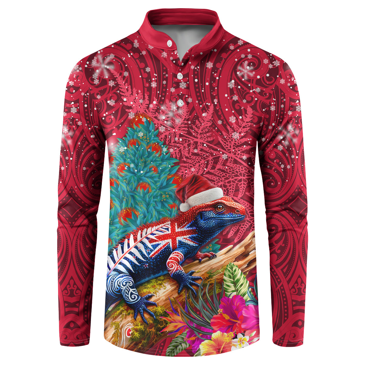 New Zealand Tuatara Christmas Button Sweatshirt Silver Fern and Xmas Pohutukawa Tree Red Color LT03 Red - Polynesian Pride