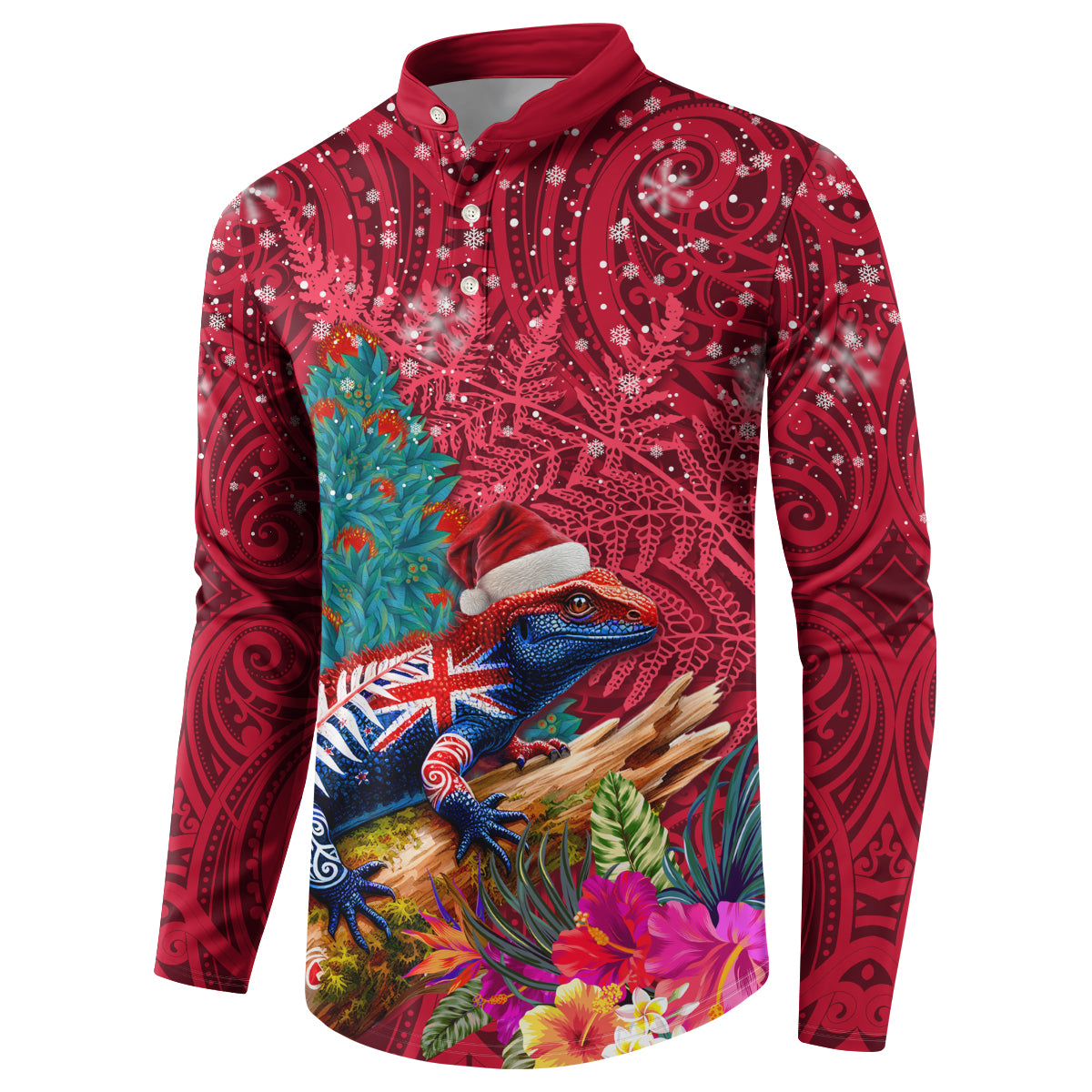 New Zealand Tuatara Christmas Button Sweatshirt Silver Fern and Xmas Pohutukawa Tree Red Color LT03 - Polynesian Pride
