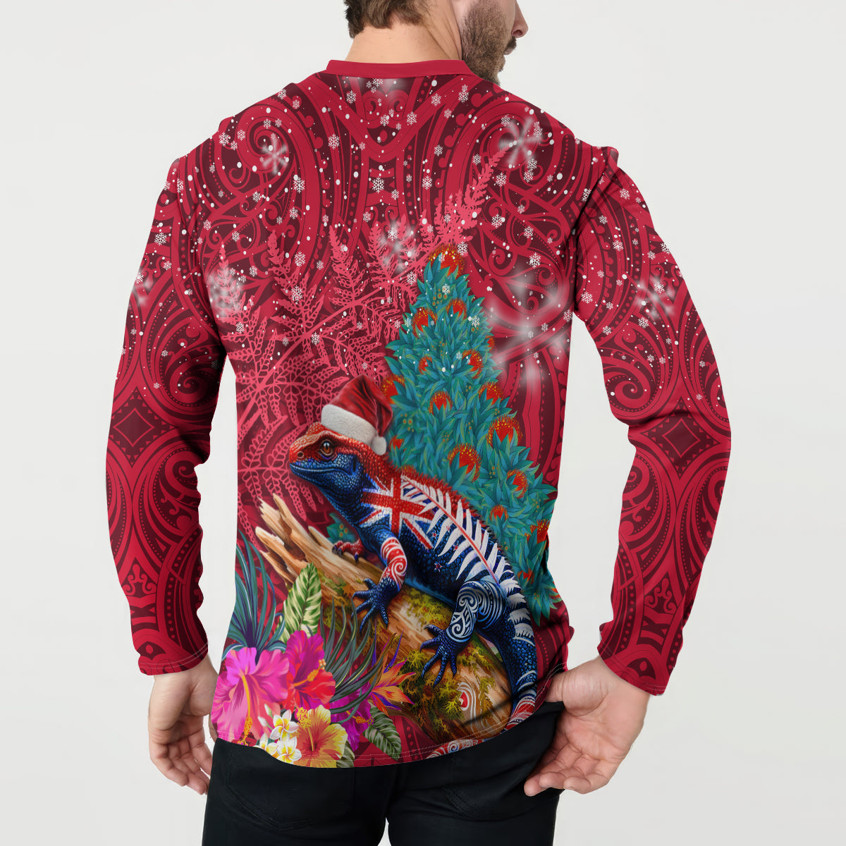 New Zealand Tuatara Christmas Button Sweatshirt Silver Fern and Xmas Pohutukawa Tree Red Color LT03 - Polynesian Pride