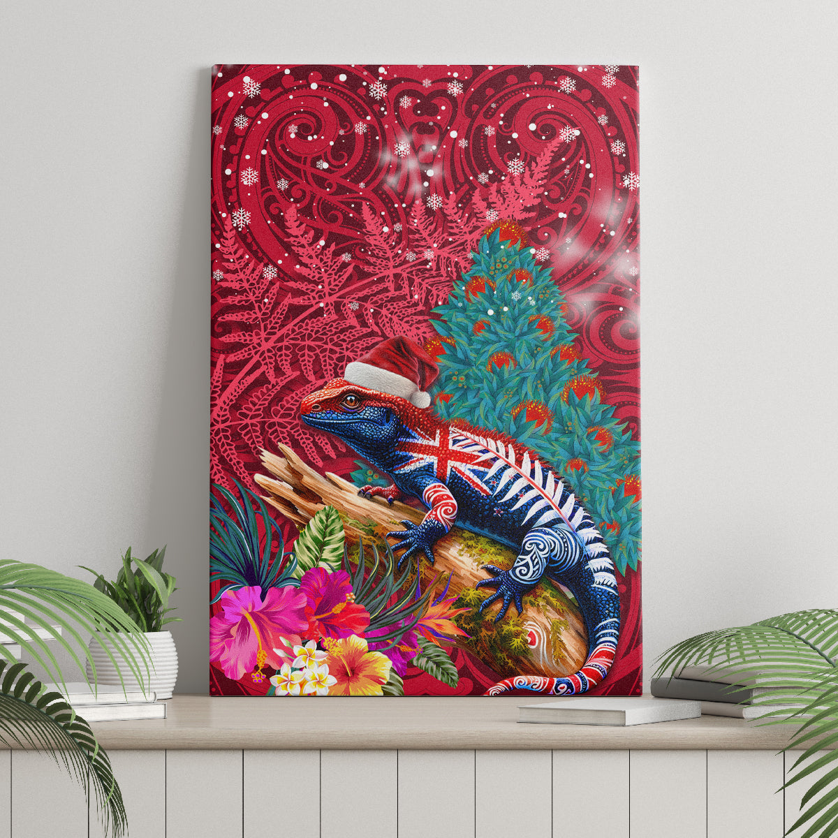 New Zealand Tuatara Christmas Canvas Wall Art Silver Fern and Xmas Pohutukawa Tree Red Color
