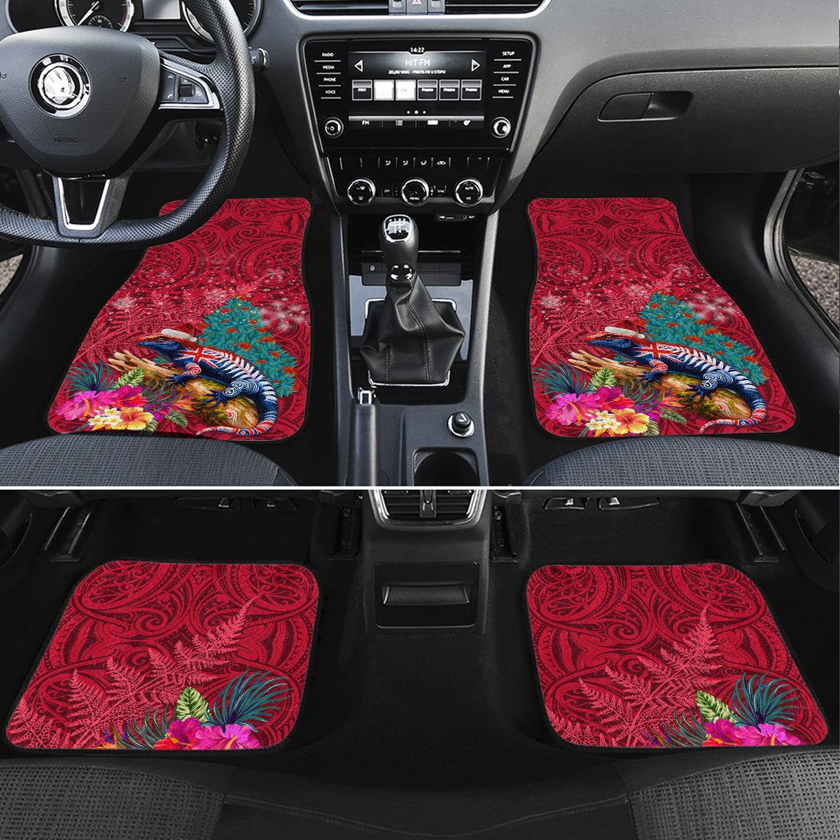 New Zealand Tuatara Christmas Car Mats Silver Fern and Xmas Pohutukawa Tree Red Color