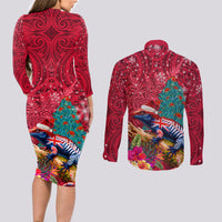 New Zealand Tuatara Christmas Couples Matching Long Sleeve Bodycon Dress and Long Sleeve Button Shirt Silver Fern and Xmas Pohutukawa Tree Red Color LT03 - Polynesian Pride