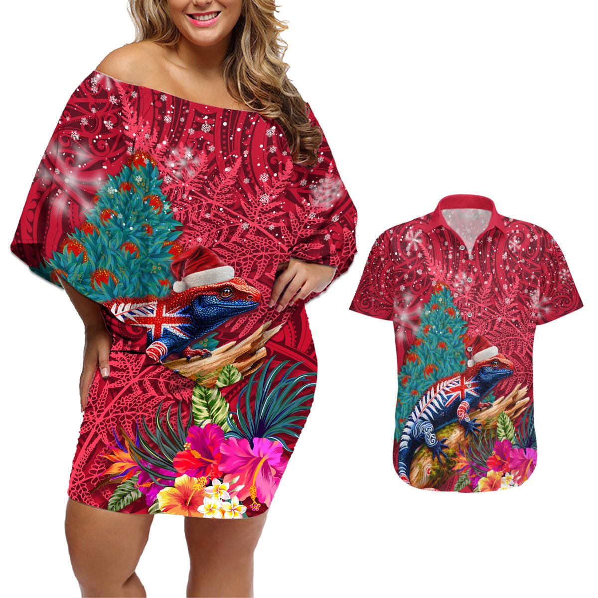 New Zealand Tuatara Christmas Couples Matching Off Shoulder Short Dress and Hawaiian Shirt Silver Fern and Xmas Pohutukawa Tree Red Color LT03 Red - Polynesian Pride
