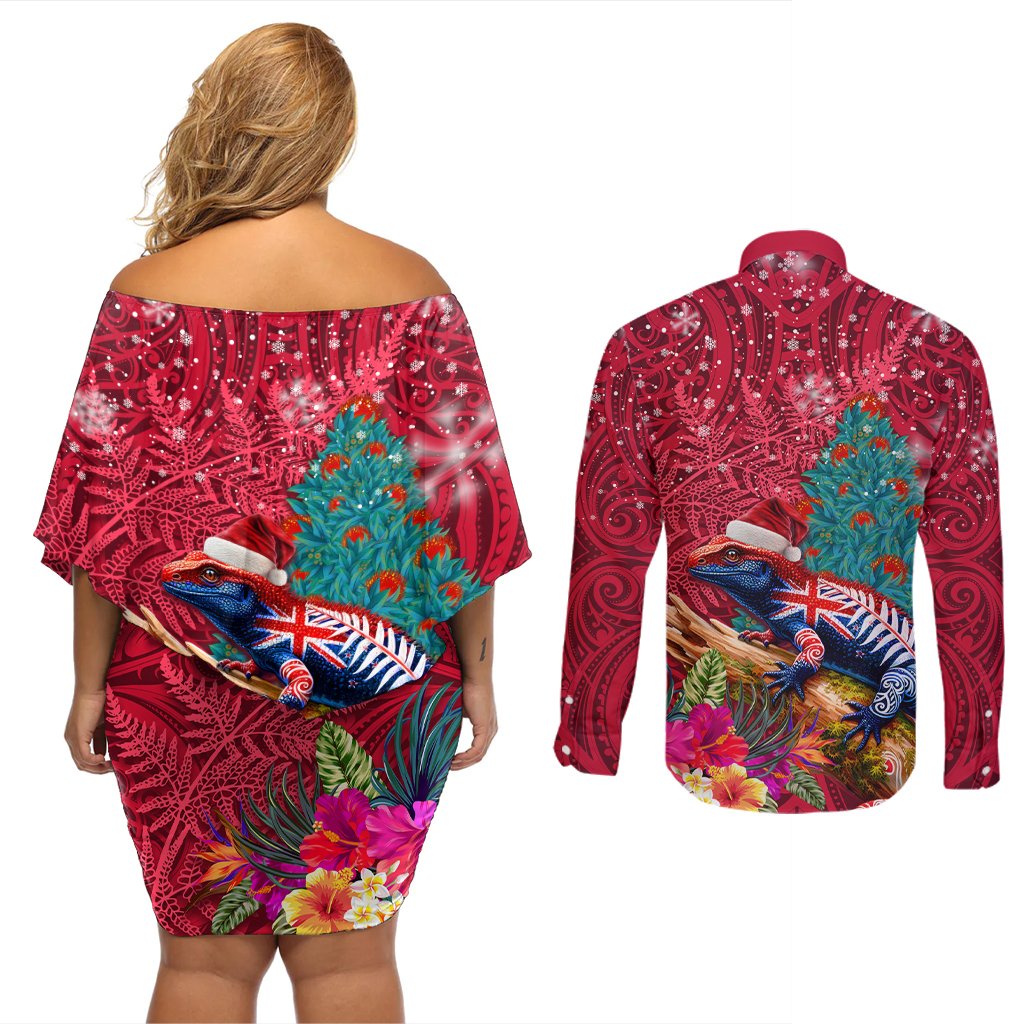 New Zealand Tuatara Christmas Couples Matching Off Shoulder Short Dress and Long Sleeve Button Shirt Silver Fern and Xmas Pohutukawa Tree Red Color LT03 - Polynesian Pride