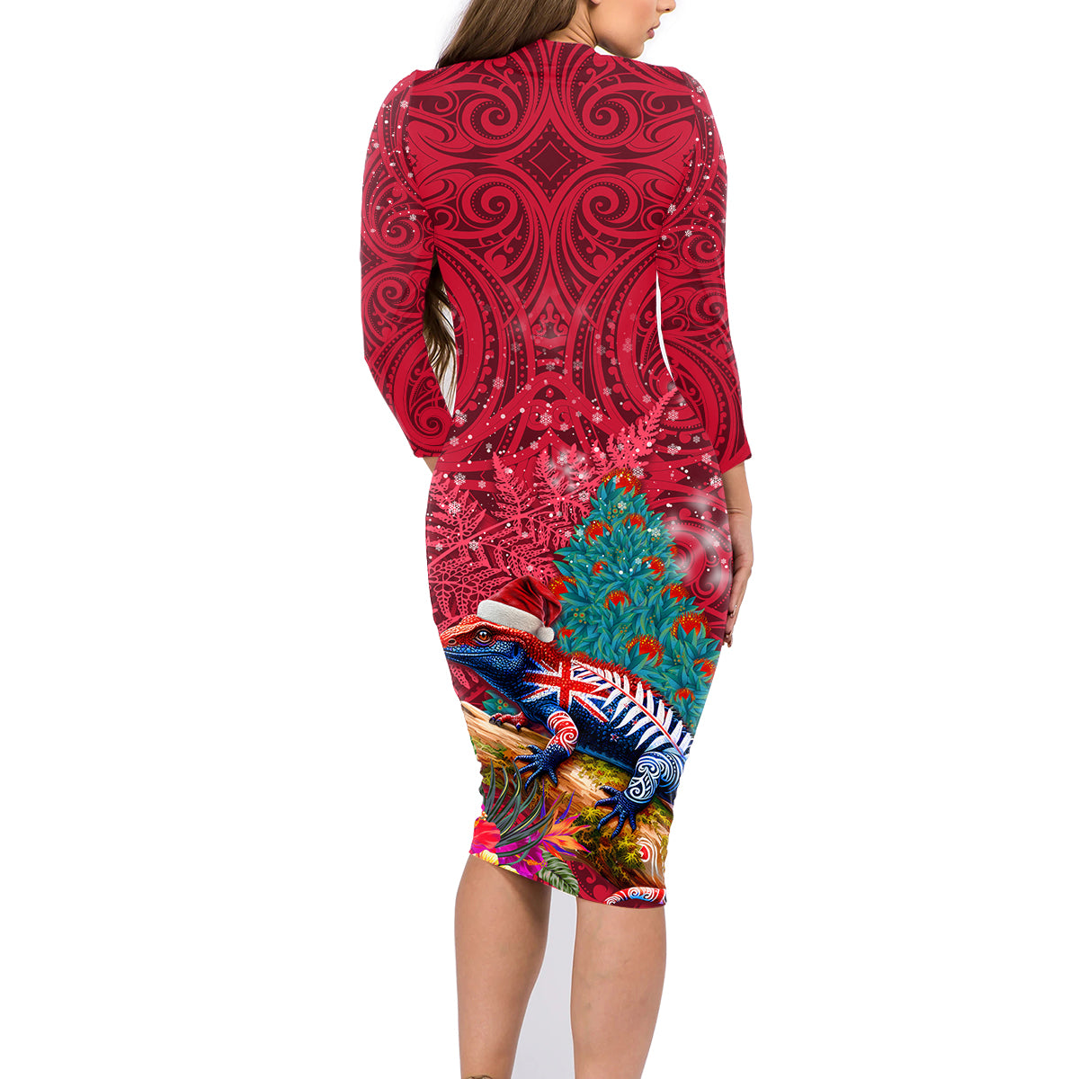New Zealand Tuatara Christmas Family Matching Long Sleeve Bodycon Dress and Hawaiian Shirt Silver Fern and Xmas Pohutukawa Tree Red Color LT03 - Polynesian Pride