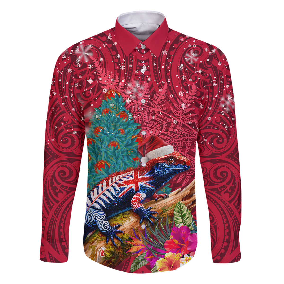 New Zealand Tuatara Christmas Family Matching Mermaid Dress and Hawaiian Shirt Silver Fern and Xmas Pohutukawa Tree Red Color LT03 Dad's Shirt - Long Sleeve Red - Polynesian Pride