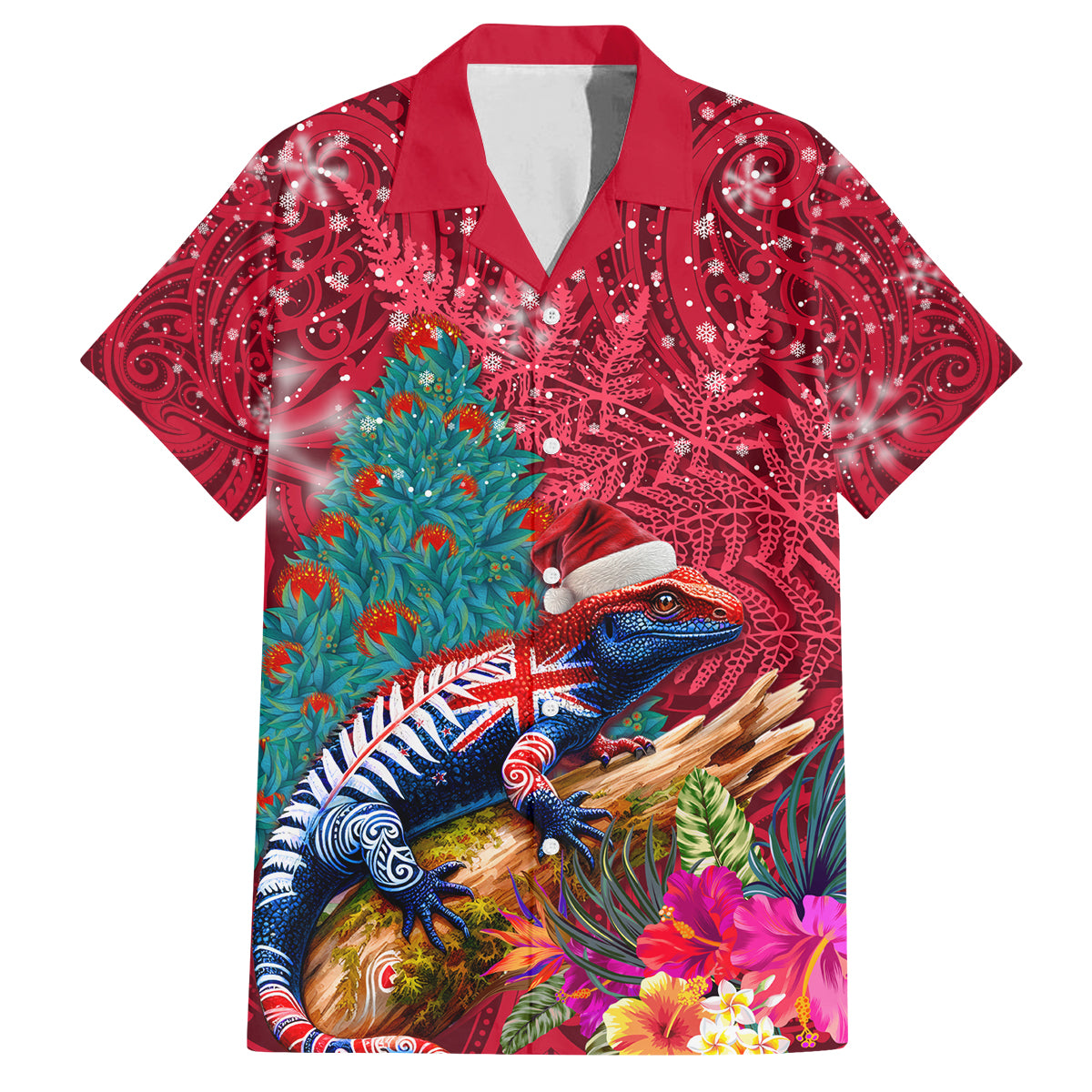 New Zealand Tuatara Christmas Family Matching Off The Shoulder Long Sleeve Dress and Hawaiian Shirt Silver Fern and Xmas Pohutukawa Tree Red Color