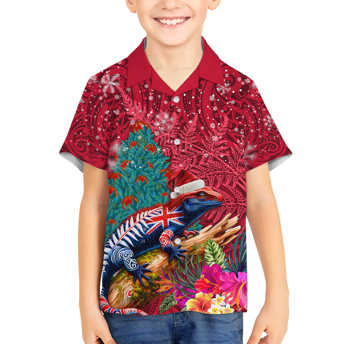 New Zealand Tuatara Christmas Family Matching Off Shoulder Maxi Dress and Hawaiian Shirt Silver Fern and Xmas Pohutukawa Tree Red Color LT03 Son's Shirt Red - Polynesian Pride