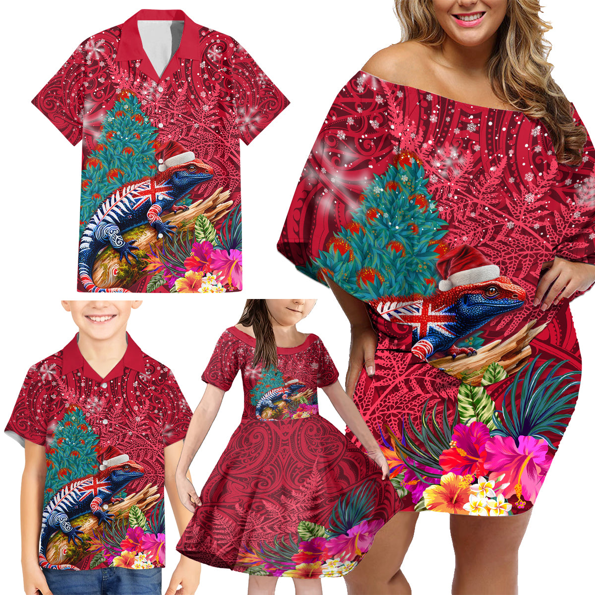 New Zealand Tuatara Christmas Family Matching Off Shoulder Short Dress and Hawaiian Shirt Silver Fern and Xmas Pohutukawa Tree Red Color LT03 - Polynesian Pride