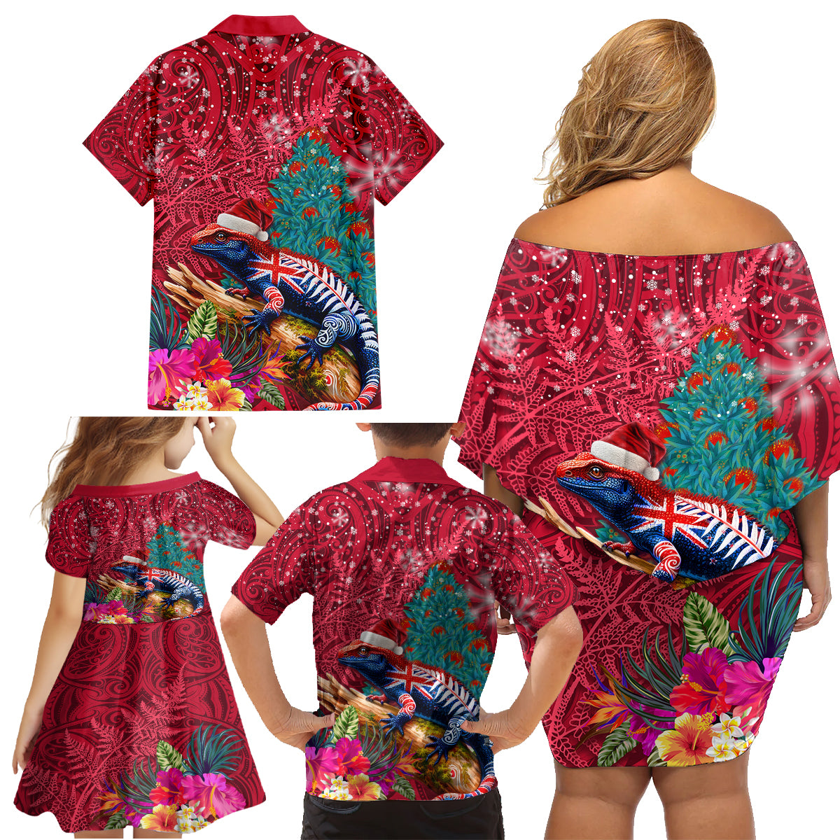 New Zealand Tuatara Christmas Family Matching Off Shoulder Short Dress and Hawaiian Shirt Silver Fern and Xmas Pohutukawa Tree Red Color LT03 - Polynesian Pride