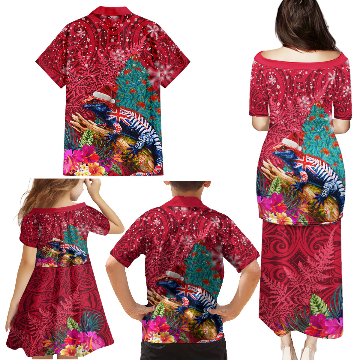 New Zealand Tuatara Christmas Family Matching Puletasi and Hawaiian Shirt Silver Fern and Xmas Pohutukawa Tree Red Color LT03 - Polynesian Pride