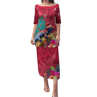 New Zealand Tuatara Christmas Family Matching Puletasi and Hawaiian Shirt Silver Fern and Xmas Pohutukawa Tree Red Color LT03 Mom's Dress Red - Polynesian Pride