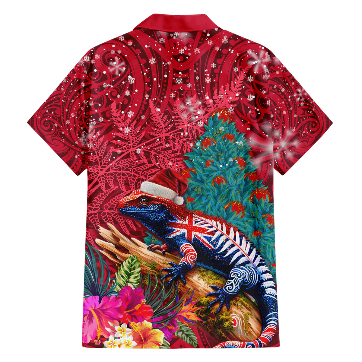 New Zealand Tuatara Christmas Family Matching Short Sleeve Bodycon Dress and Hawaiian Shirt Silver Fern and Xmas Pohutukawa Tree Red Color LT03 - Polynesian Pride