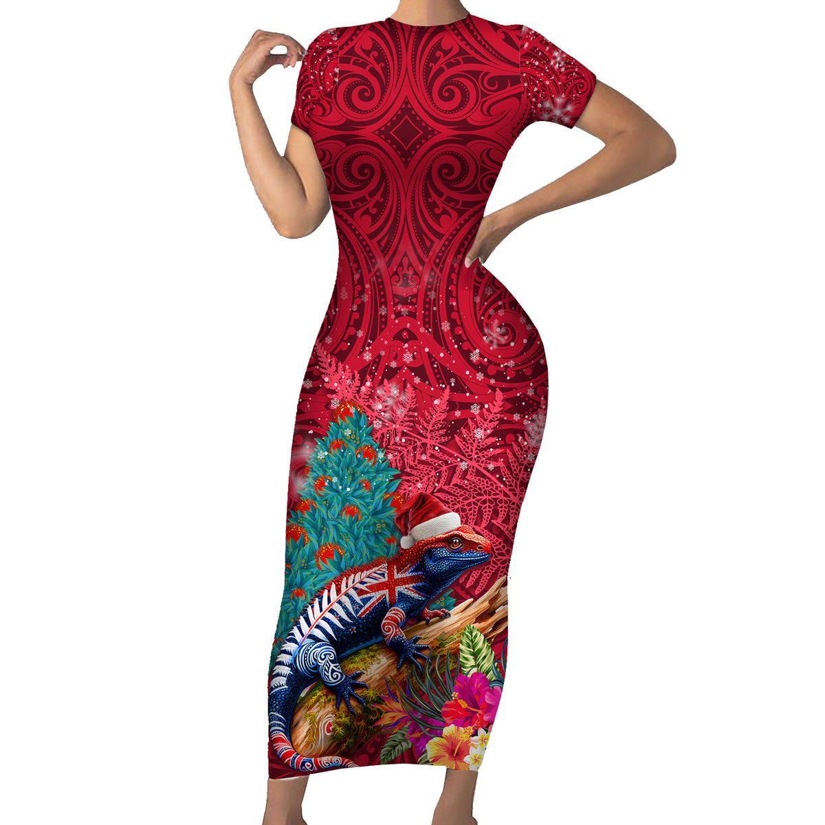 New Zealand Tuatara Christmas Family Matching Short Sleeve Bodycon Dress and Hawaiian Shirt Silver Fern and Xmas Pohutukawa Tree Red Color LT03 Mom's Dress Red - Polynesian Pride
