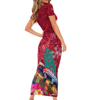 New Zealand Tuatara Christmas Family Matching Short Sleeve Bodycon Dress and Hawaiian Shirt Silver Fern and Xmas Pohutukawa Tree Red Color LT03 - Polynesian Pride