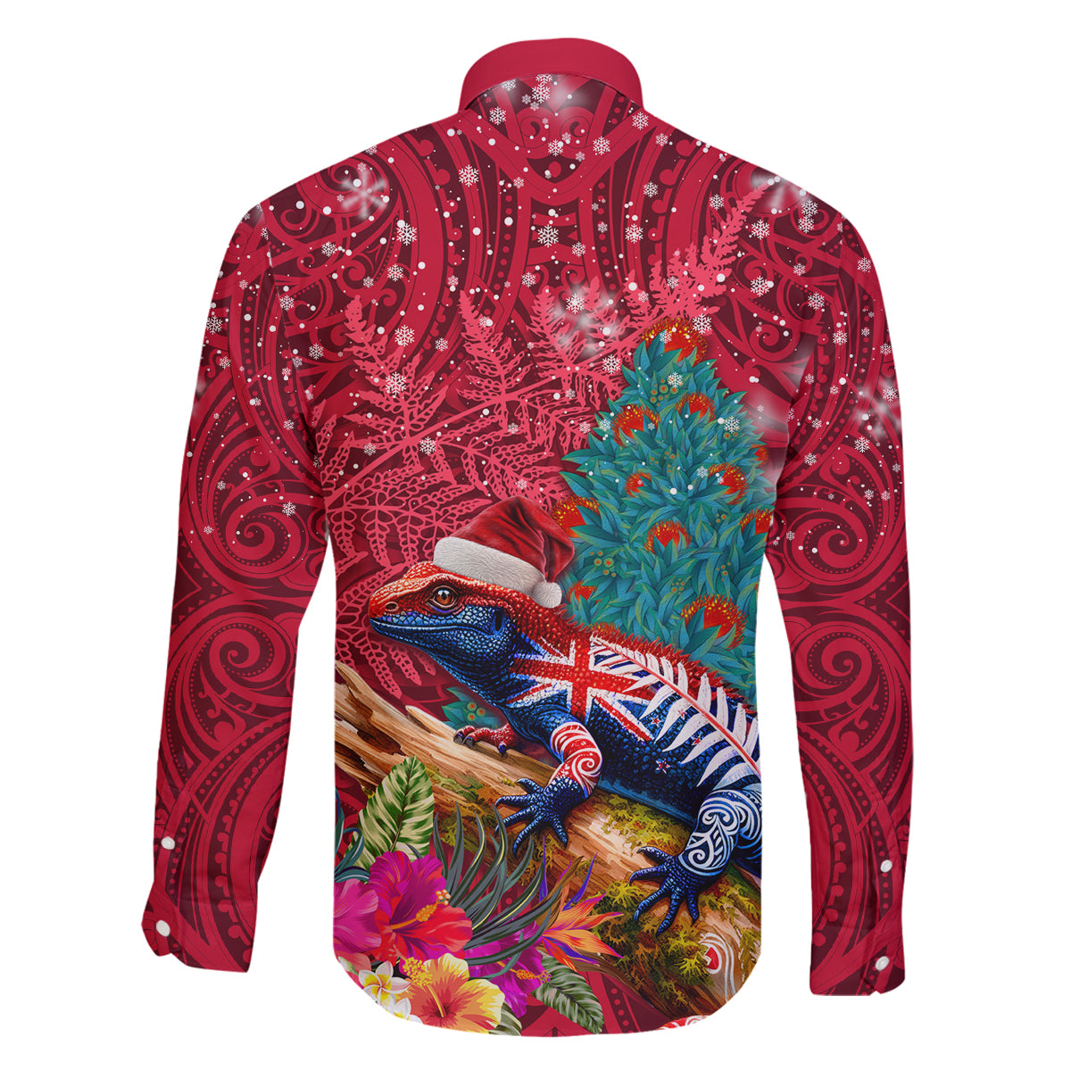 New Zealand Tuatara Christmas Family Matching Summer Maxi Dress and Hawaiian Shirt Silver Fern and Xmas Pohutukawa Tree Red Color LT03 - Polynesian Pride