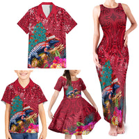 New Zealand Tuatara Christmas Family Matching Tank Maxi Dress and Hawaiian Shirt Silver Fern and Xmas Pohutukawa Tree Red Color LT03 - Polynesian Pride
