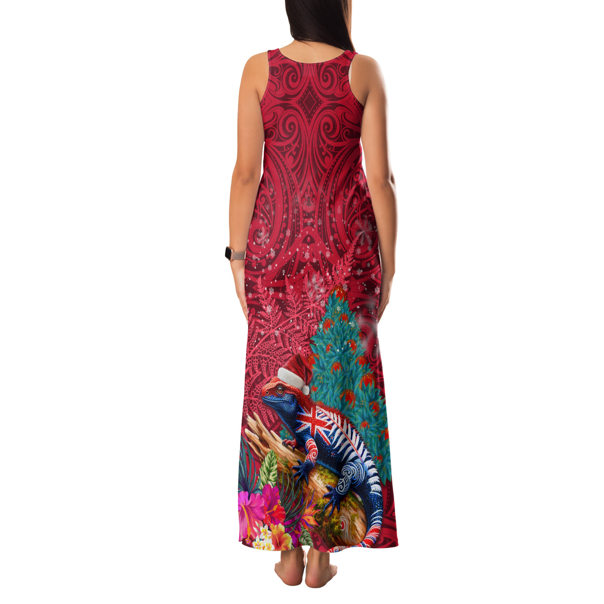 New Zealand Tuatara Christmas Family Matching Tank Maxi Dress and Hawaiian Shirt Silver Fern and Xmas Pohutukawa Tree Red Color LT03 - Polynesian Pride