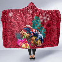 New Zealand Tuatara Christmas Hooded Blanket Silver Fern and Xmas Pohutukawa Tree Red Color