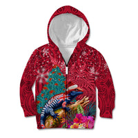 New Zealand Tuatara Christmas Kid Hoodie Silver Fern and Xmas Pohutukawa Tree Red Color