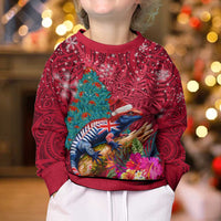 New Zealand Tuatara Christmas Kid Ugly Christmas Sweater Silver Fern and Xmas Pohutukawa Tree Red Color LT03 - Polynesian Pride