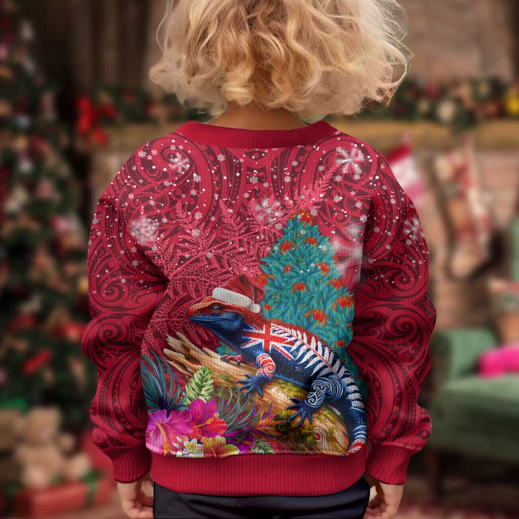 New Zealand Tuatara Christmas Kid Ugly Christmas Sweater Silver Fern and Xmas Pohutukawa Tree Red Color LT03 - Polynesian Pride