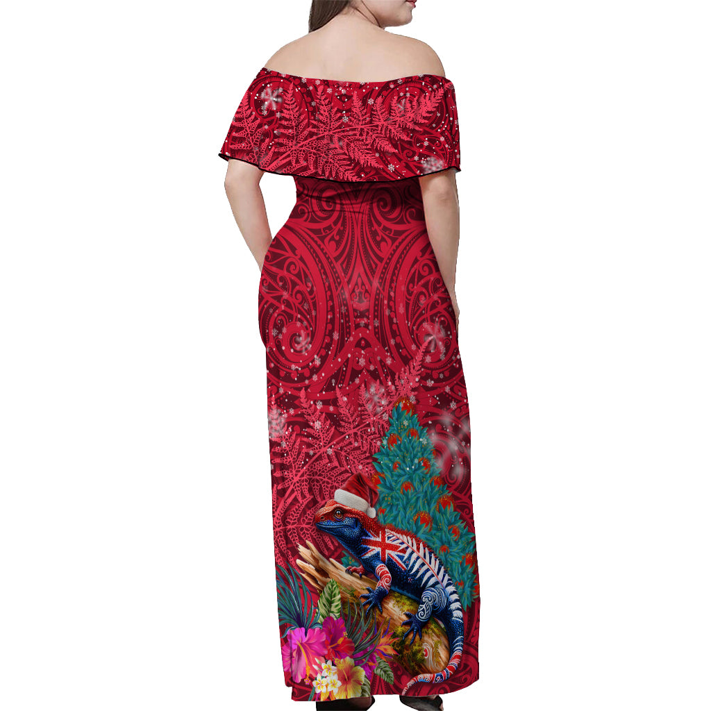 New Zealand Tuatara Christmas Off Shoulder Maxi Dress Silver Fern and Xmas Pohutukawa Tree Red Color