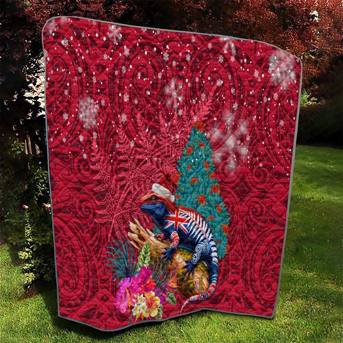 New Zealand Tuatara Christmas Quilt Silver Fern and Xmas Pohutukawa Tree Red Color LT03 - Polynesian Pride
