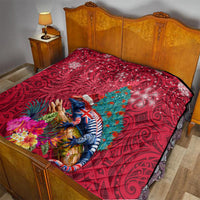 New Zealand Tuatara Christmas Quilt Silver Fern and Xmas Pohutukawa Tree Red Color LT03 - Polynesian Pride