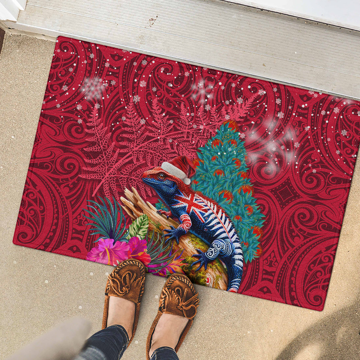 New Zealand Tuatara Christmas Rubber Doormat Silver Fern and Xmas Pohutukawa Tree Red Color LT03 - Polynesian Pride
