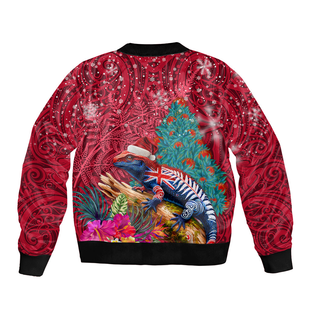 New Zealand Tuatara Christmas Sleeve Zip Bomber Jacket Silver Fern and Xmas Pohutukawa Tree Red Color