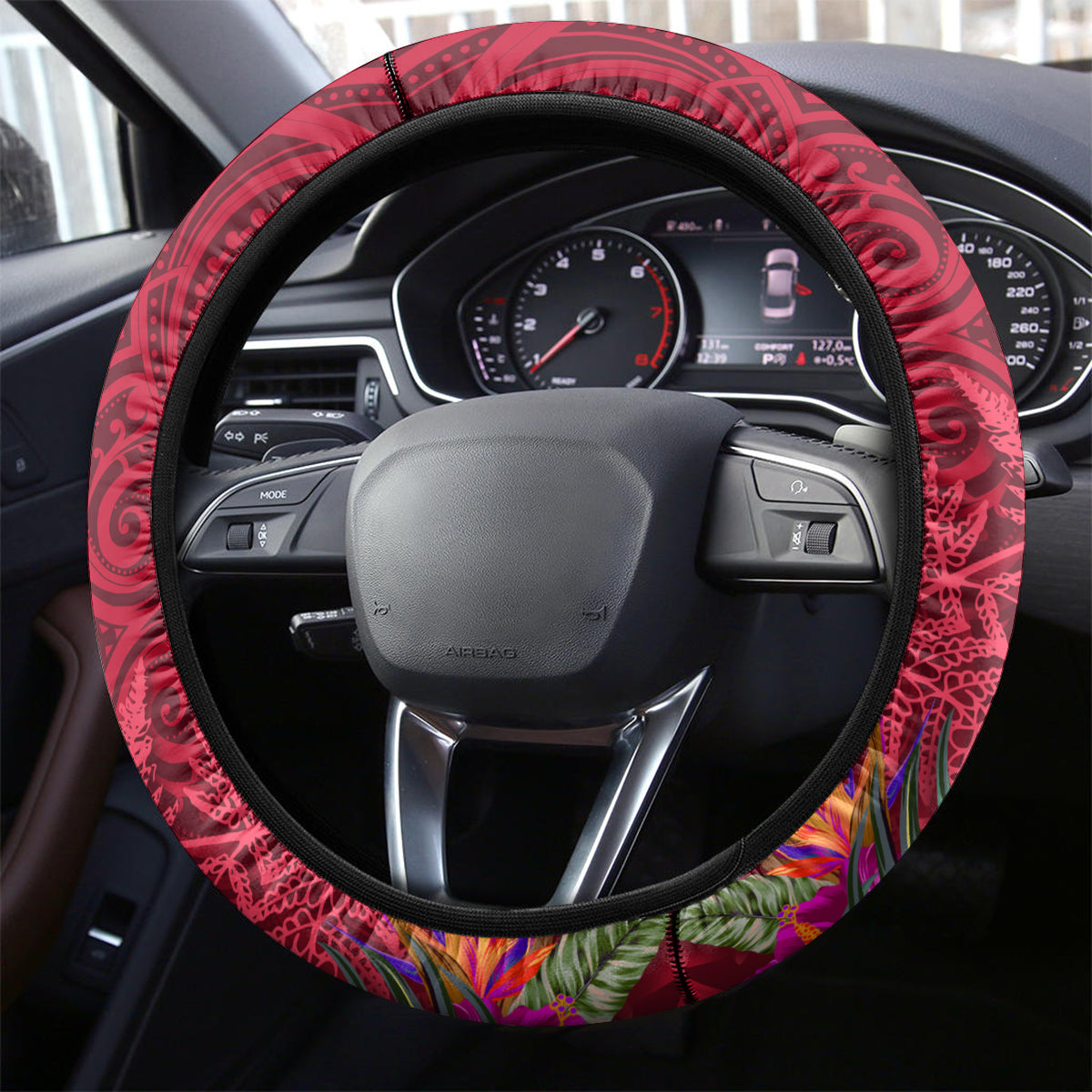 New Zealand Tuatara Christmas Steering Wheel Cover Silver Fern and Xmas Pohutukawa Tree Red Color