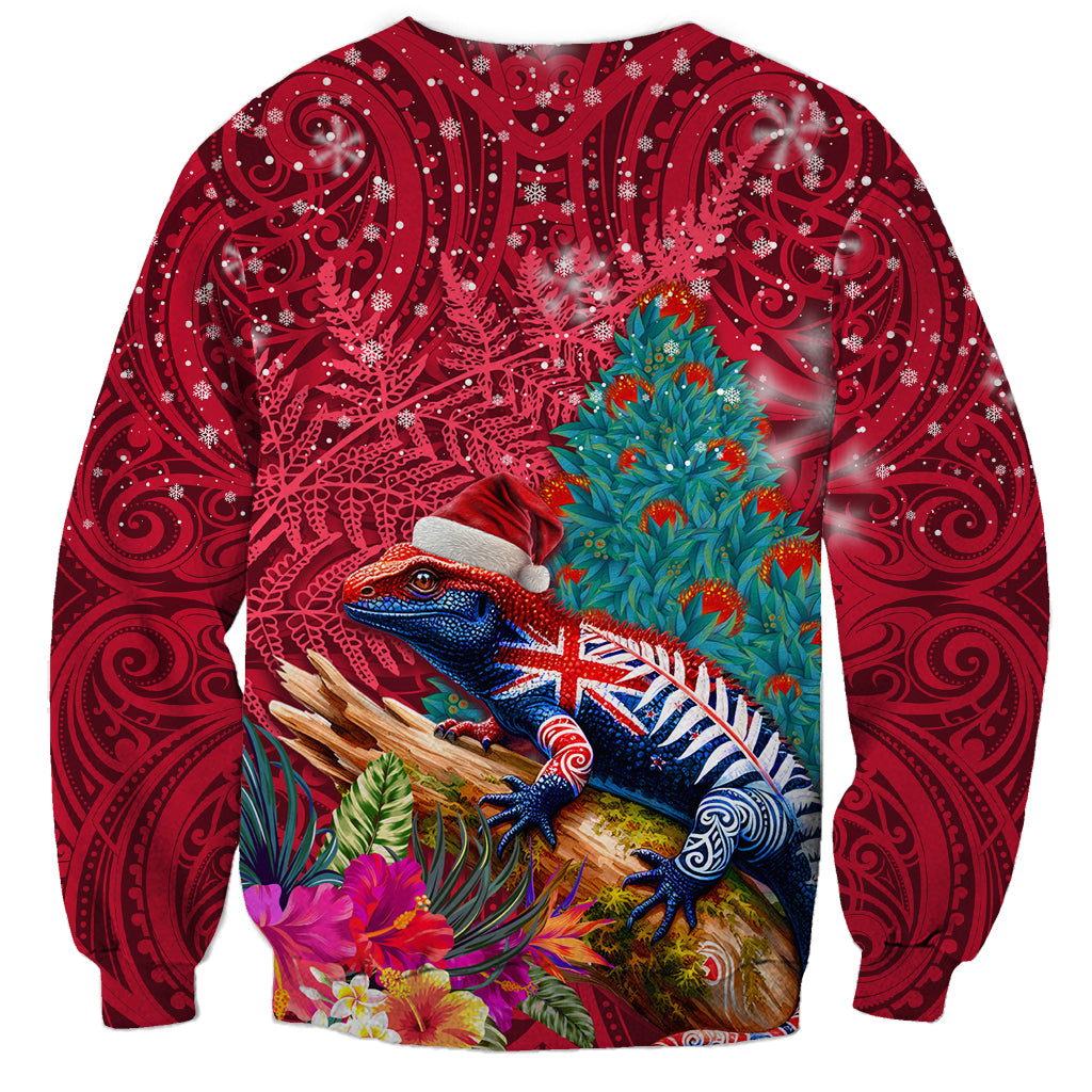 New Zealand Tuatara Christmas Sweatshirt Silver Fern and Xmas Pohutukawa Tree Red Color LT03 - Polynesian Pride