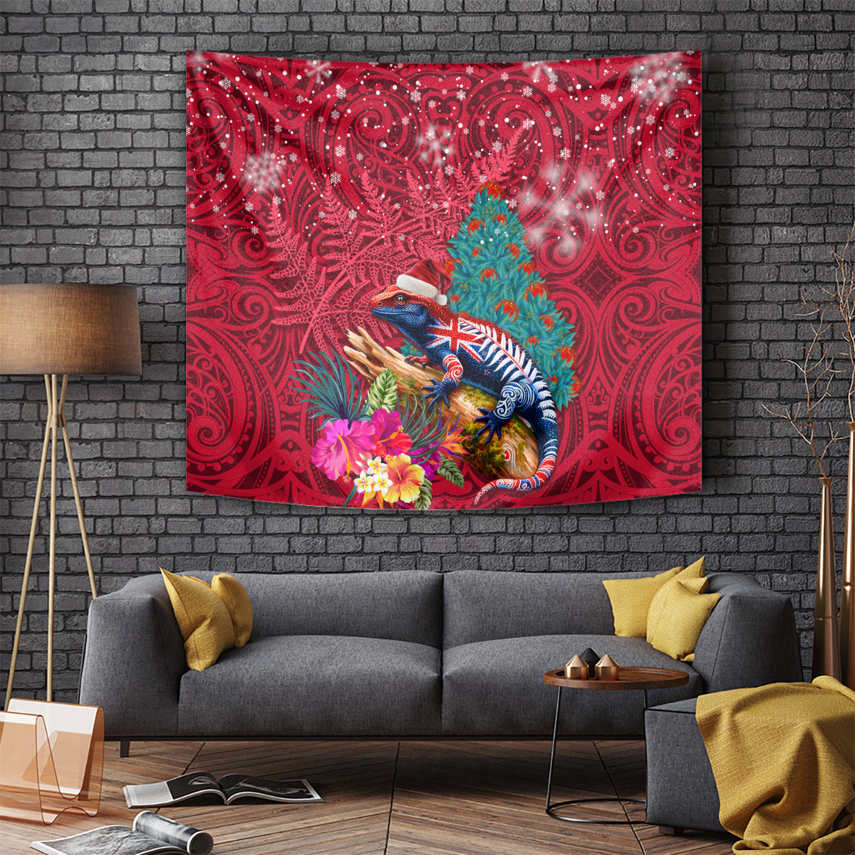 New Zealand Tuatara Christmas Tapestry Silver Fern and Xmas Pohutukawa Tree Red Color